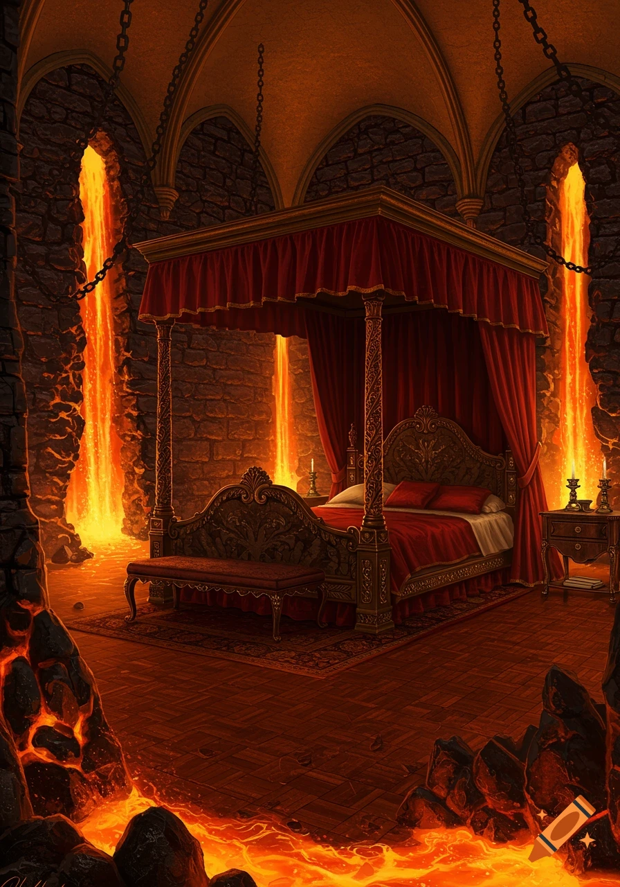 A gothic medieval bedroom with a red canopy bed, surrounded by lava waterfalls flowing down stone walls and pooling on the floor.