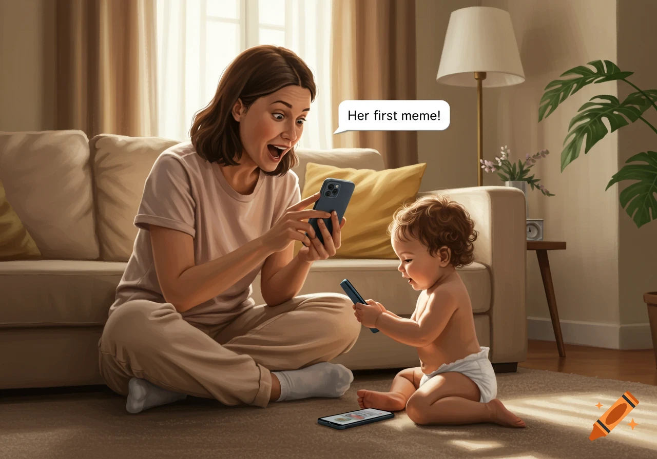 A mother reacts excitedly while looking at her phone, as her baby sits on the floor holding another phone in a living room.