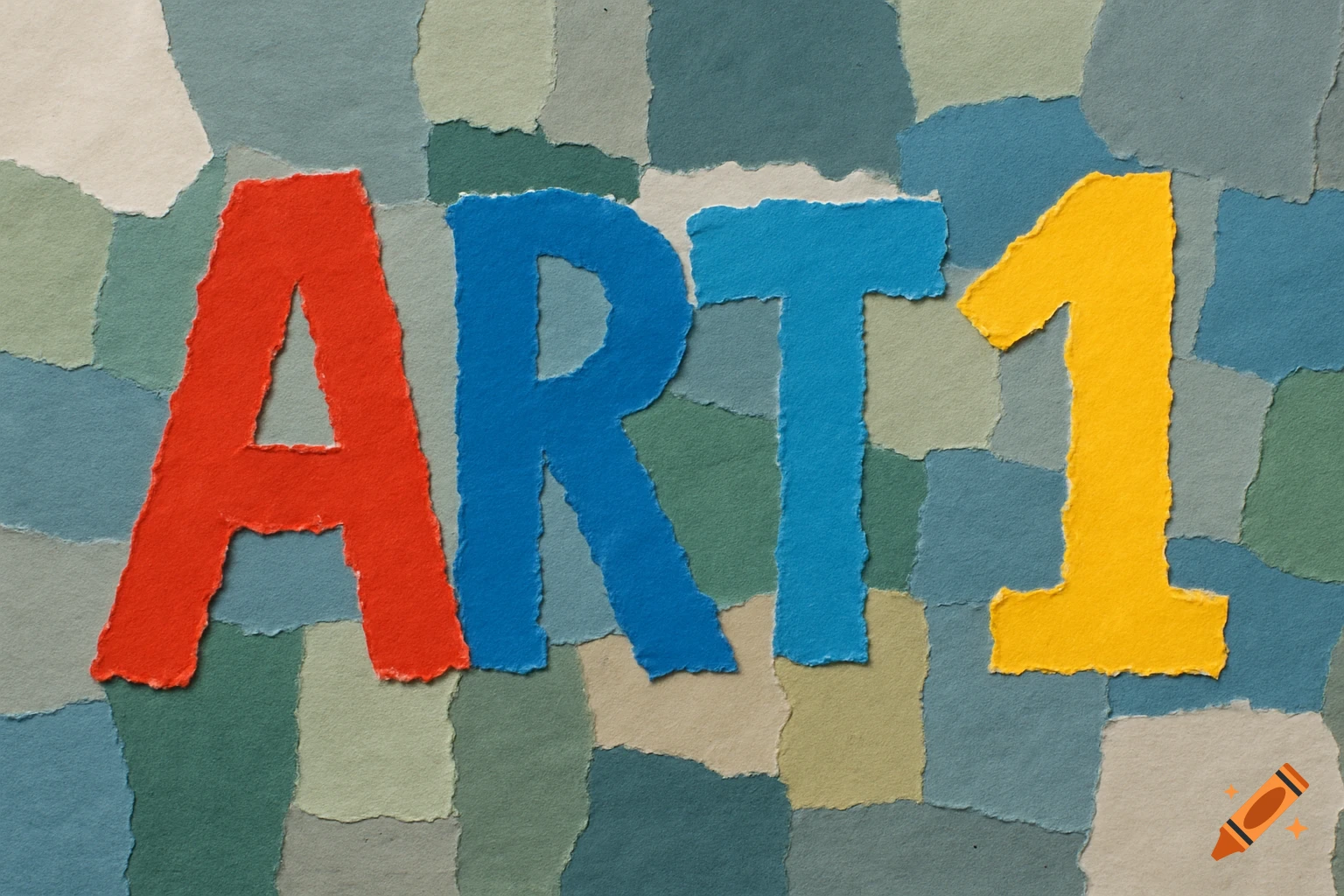 Torn paper collage spelling 'ART 1' in red, blue, and yellow on a muted multicolored background.