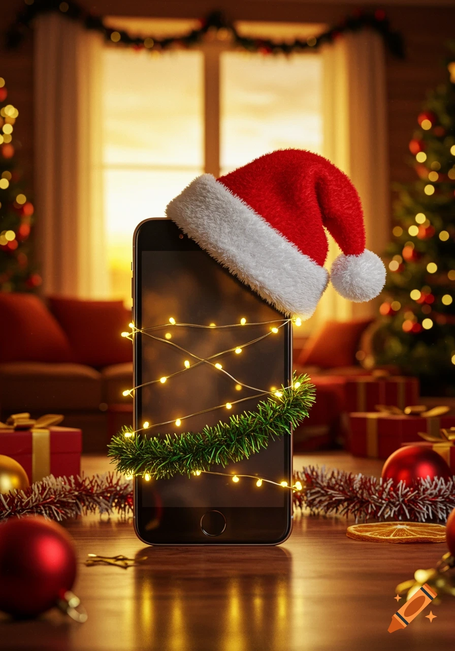 A smartphone wearing a Santa hat, wrapped in Christmas lights and garland, surrounded by festive decorations.