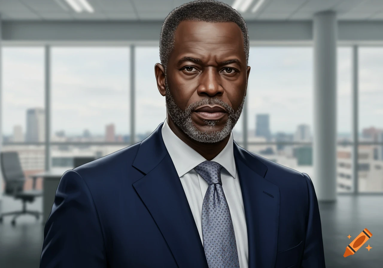 Photorealistic portrait of a serious Black man in a dark suit and tie, standing in an office with city views.