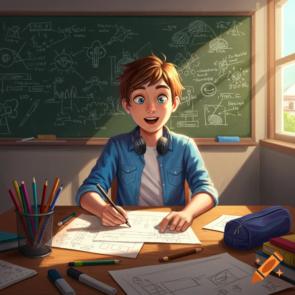 A smiling design student with headphones sketching on paper at a desk filled with art supplies, a large blackboard with diagrams behind them.