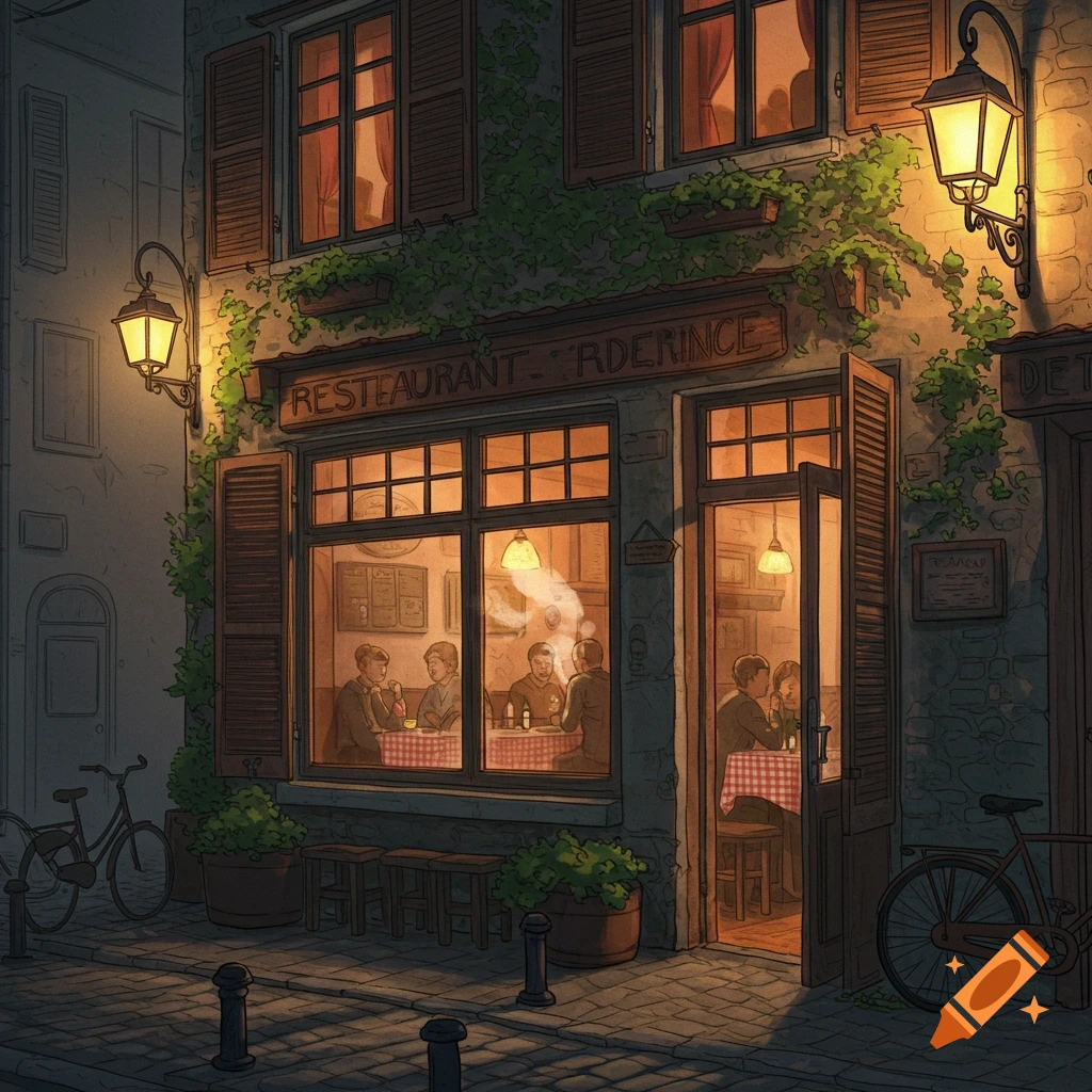 An illustrative night scene of a cozy restaurant with glowing windows, people dining inside, and two bicycles parked on the cobblestone street.