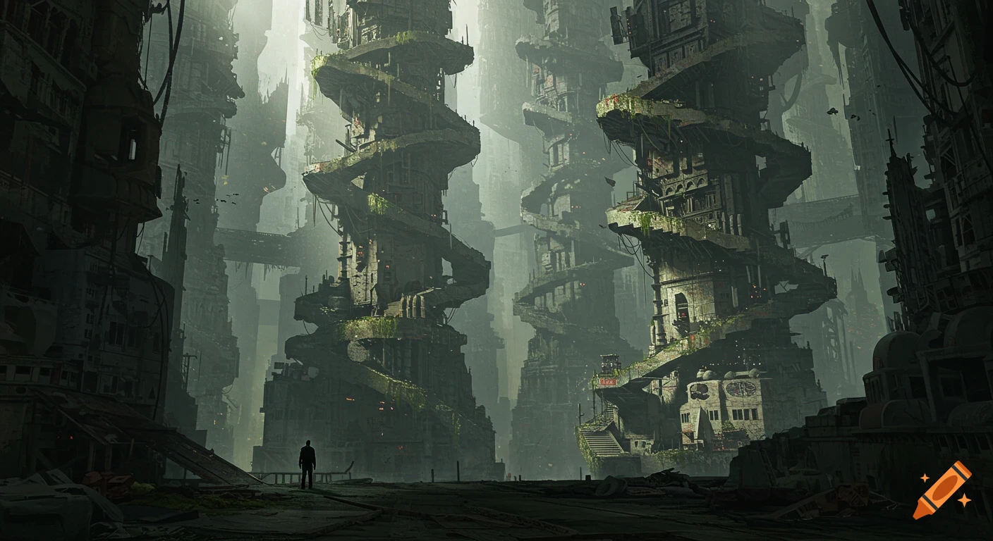 A lone figure stands in a vast, dark, post-apocalyptic megacity with colossal, intricate, decaying spiral towers, in a stylized, desaturated art style.
