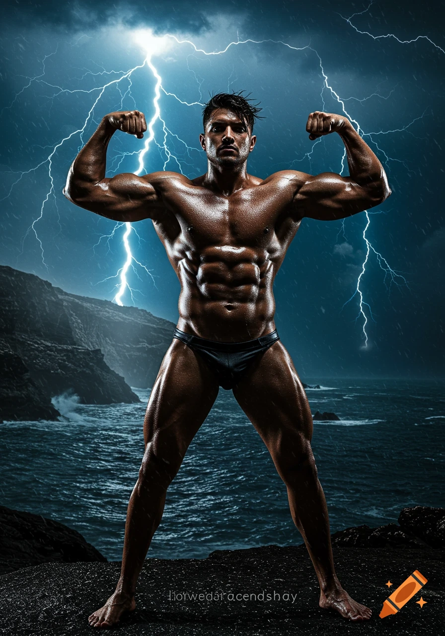 A very muscular man flexing his biceps in a speedo on a rocky coast under a stormy sky with lightning.