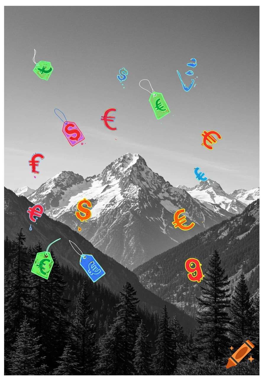 Colorful currency symbols and price tags float above a black and white mountain landscape with pine trees.