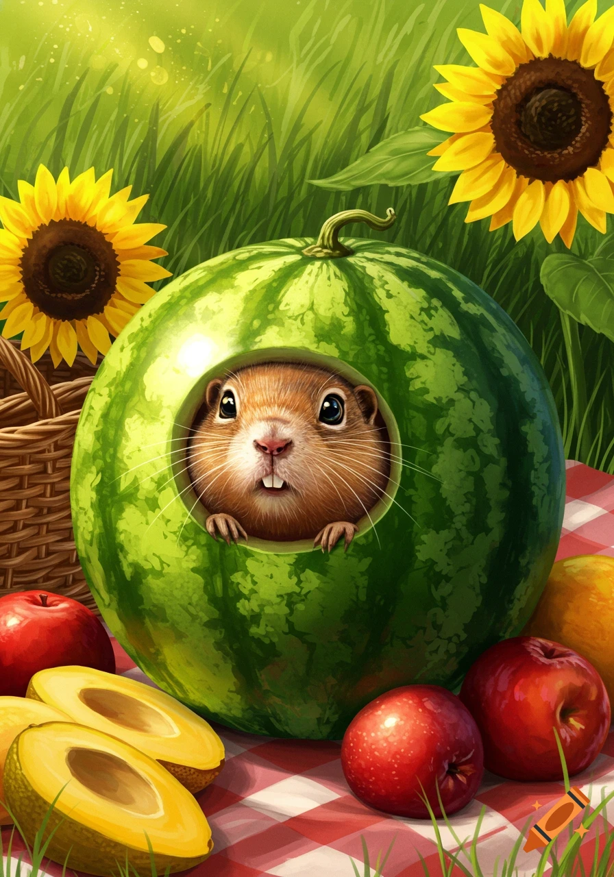 A cute gopher peeks from a watermelon on a picnic blanket with sunflowers, apples, and avocado.