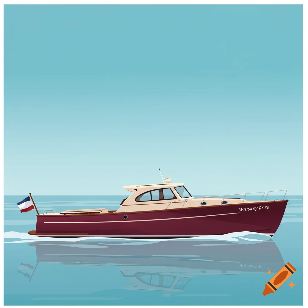An illustration of a red and cream motorboat named 'Whiskey Rose' on calm blue water with a flag on the stern.