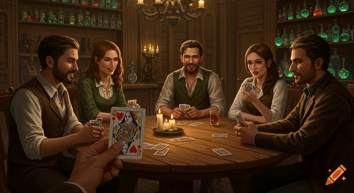 Five people play cards at a wooden table in a dimly lit, rustic room with glowing bottles on shelves. A hand holds a Queen of Hearts card.