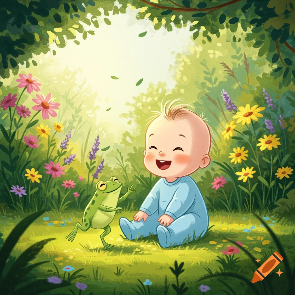 A cartoon baby in blue pajamas smiles at a green frog in a vibrant garden with colorful flowers.