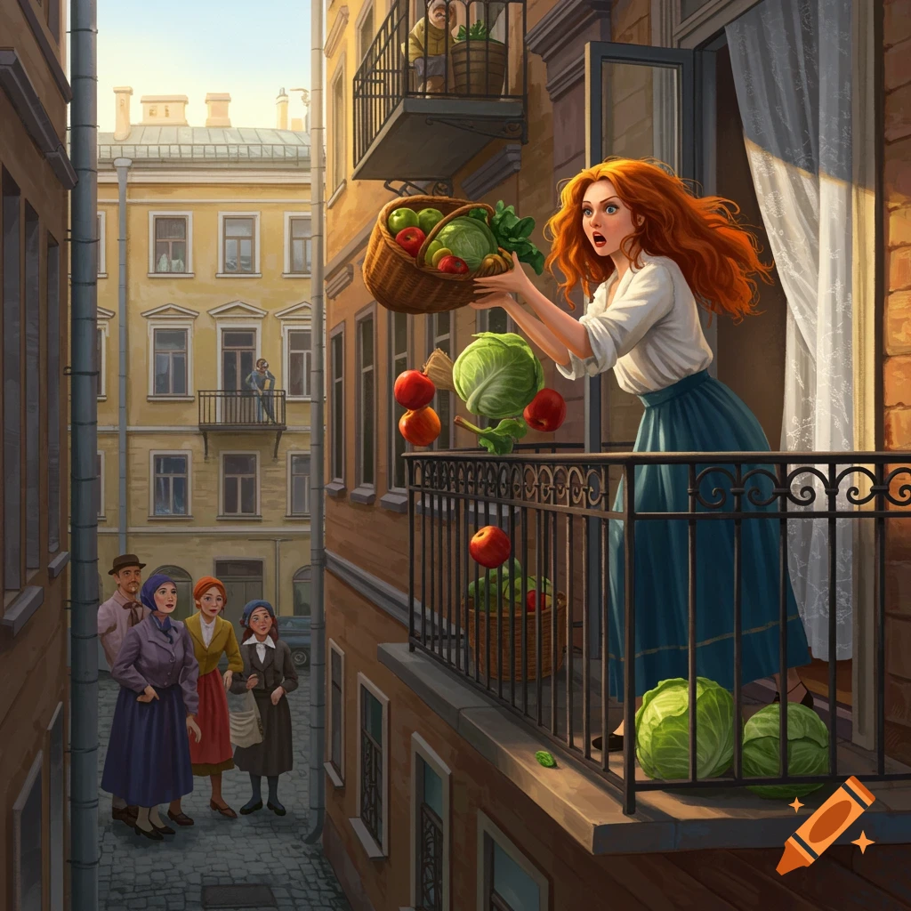 A red-haired woman on a balcony accidentally spills vegetables from a basket onto the street below, as people watch from the cobblestone alley.