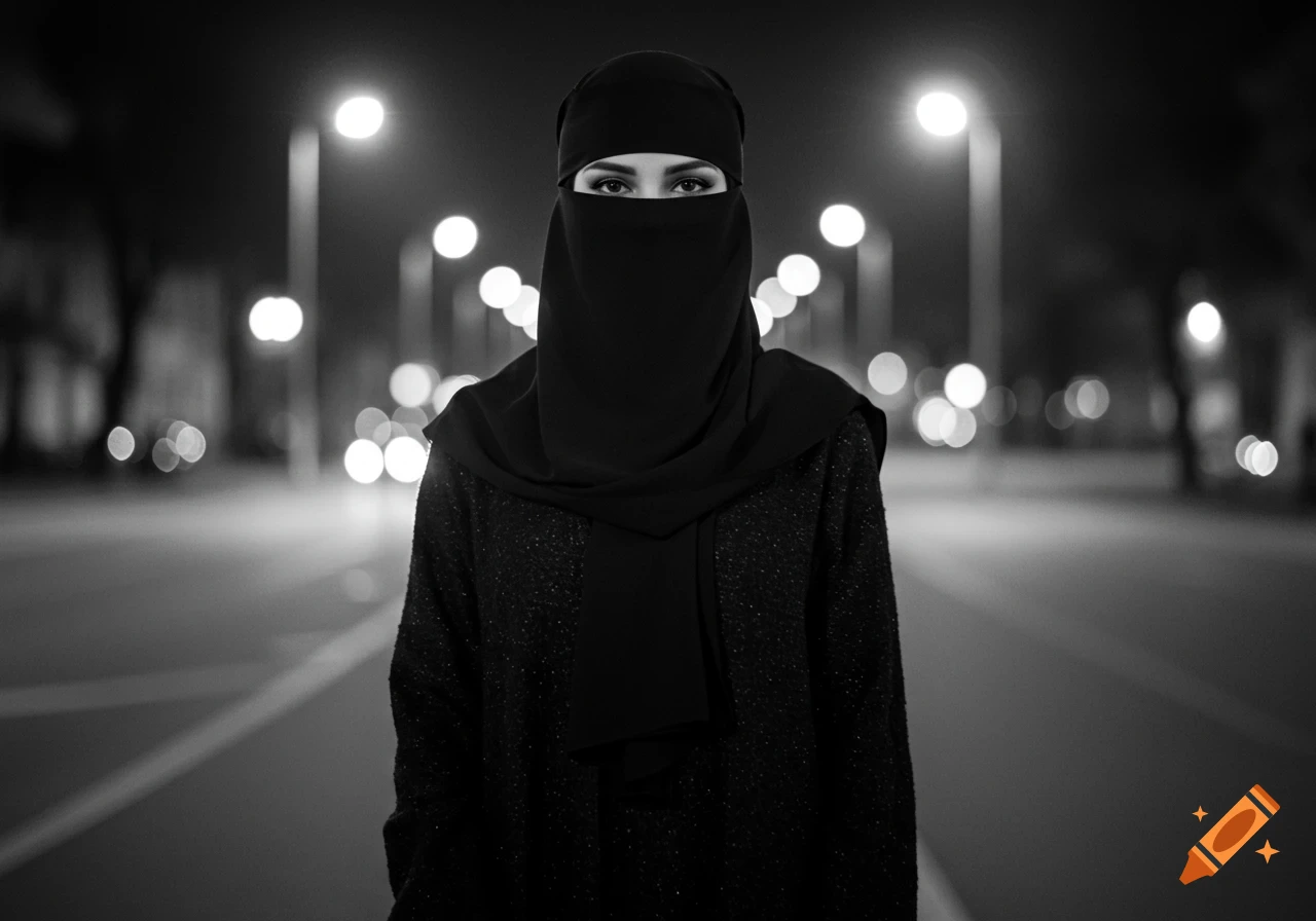 A black and white street portrait of a woman wearing a niqab, revealing only her eyes, at night with blurred streetlights in the background.