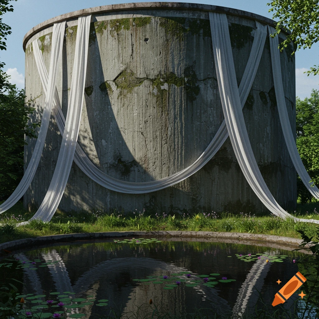 Weathered circular concrete water tank with white fabrics draped, beside a pond with water lilies and green foliage.