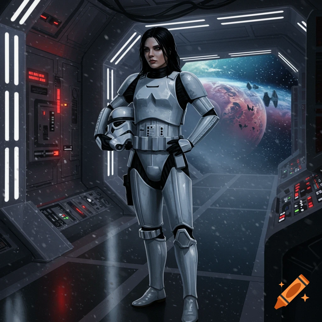 A woman in Stormtrooper armor holds her helmet inside a spaceship, with a planet and Tie Fighters visible outside.