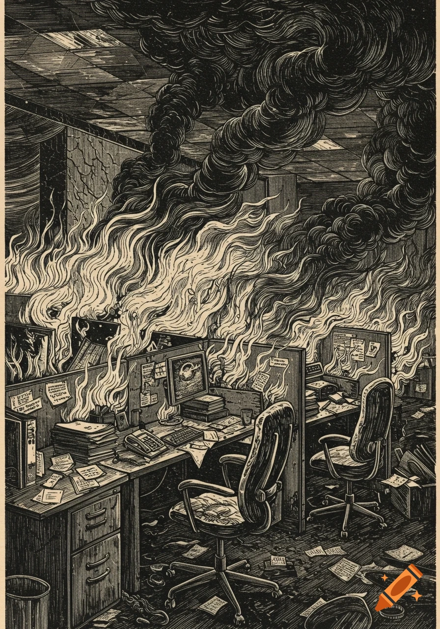 Black and white woodcutting of an office cubicle area engulfed in flames and thick smoke, creating a chaotic scene of destruction.
