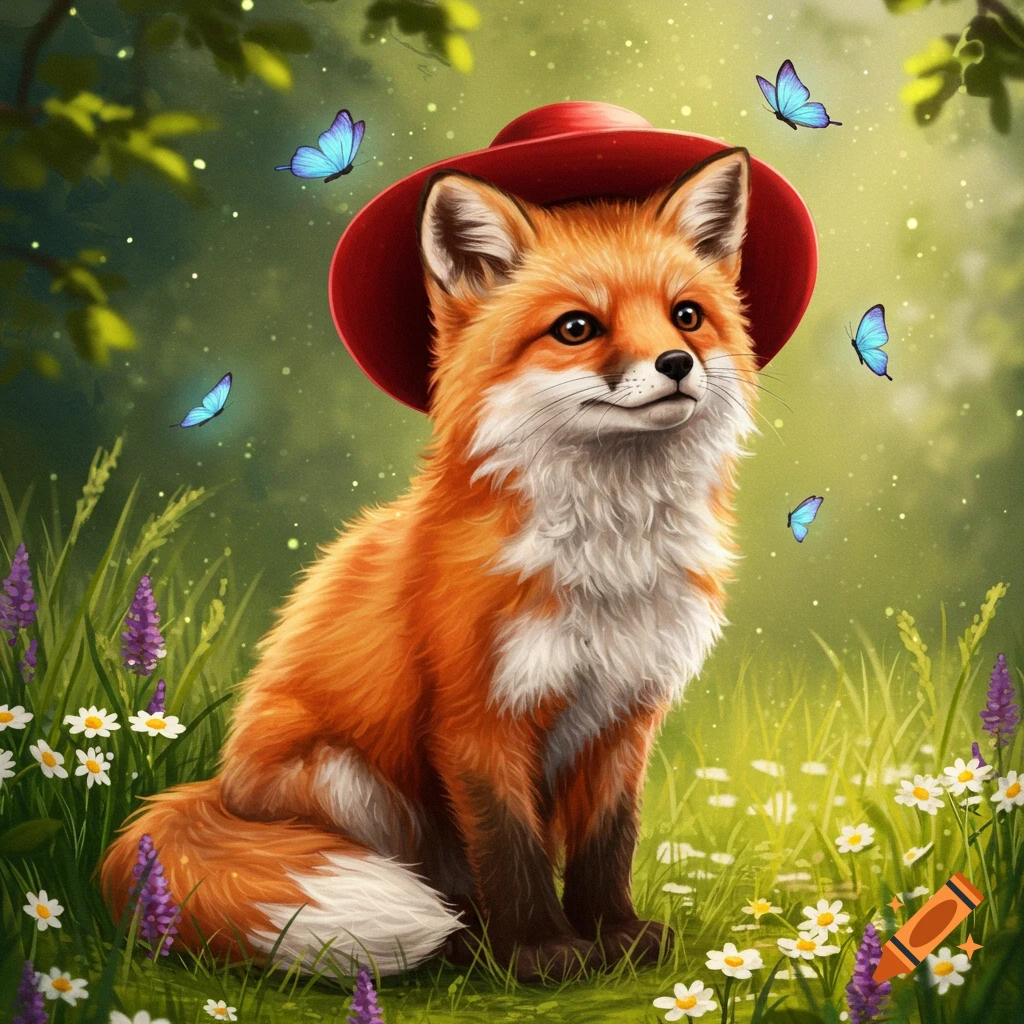 A cute fox wearing a red hat sits in a vibrant green field with white and purple wildflowers and blue butterflies.