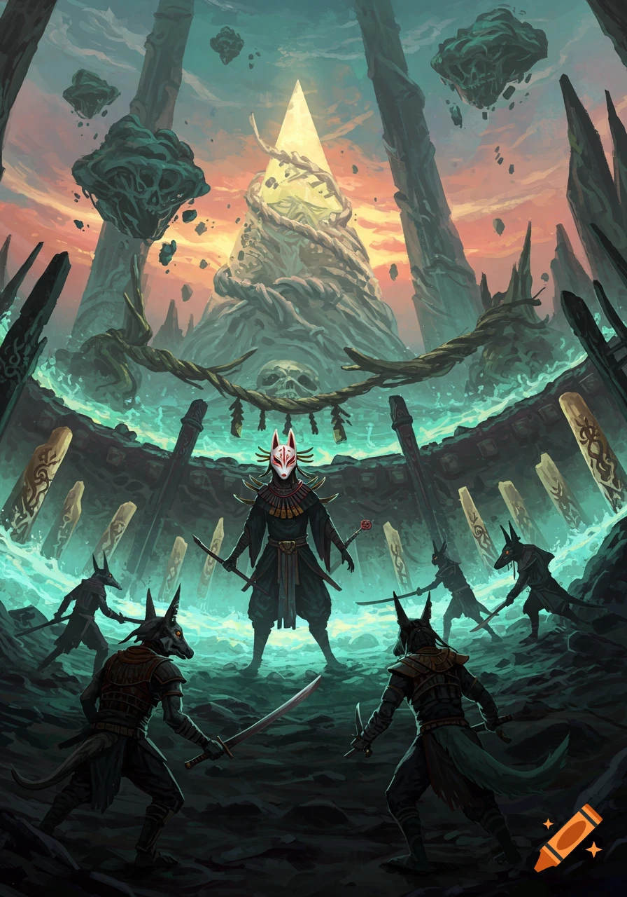 A fox-masked warrior stands in a ruined temple surrounded by jackal-headed figures with swords, under a sky with floating islands.