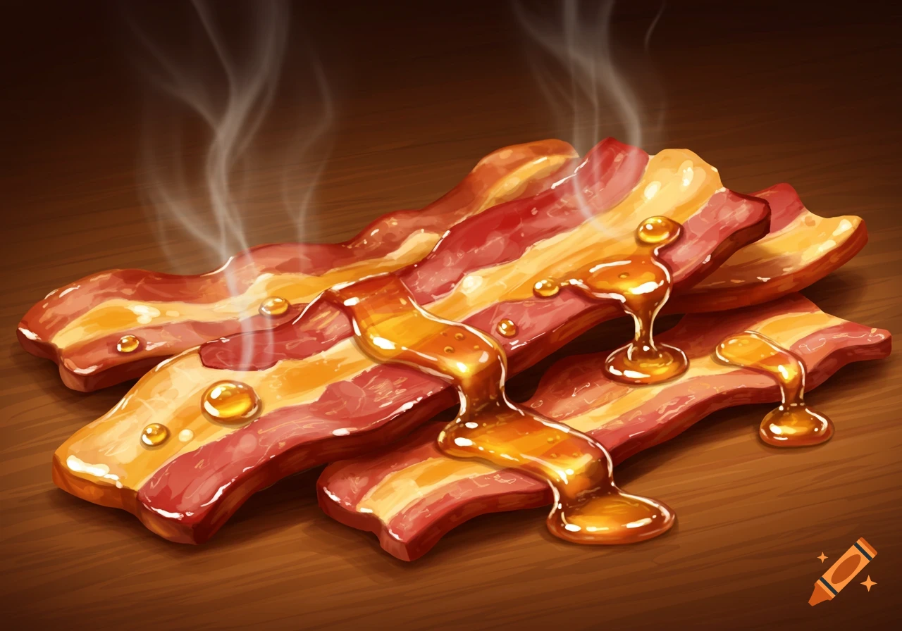 Stylized illustration of steaming hot bacon slices drizzled with golden honey on a wooden surface.