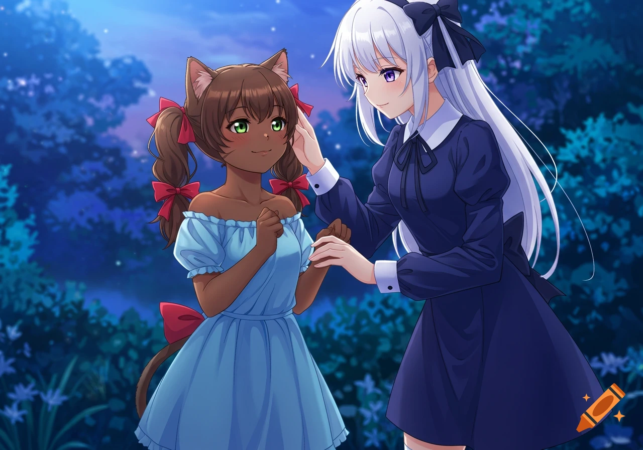 An anime cat girl with brown skin and pigtails in a blue dress is gently touched by another anime girl with long white hair in a navy blue dress, set in a mystical forest at night.
