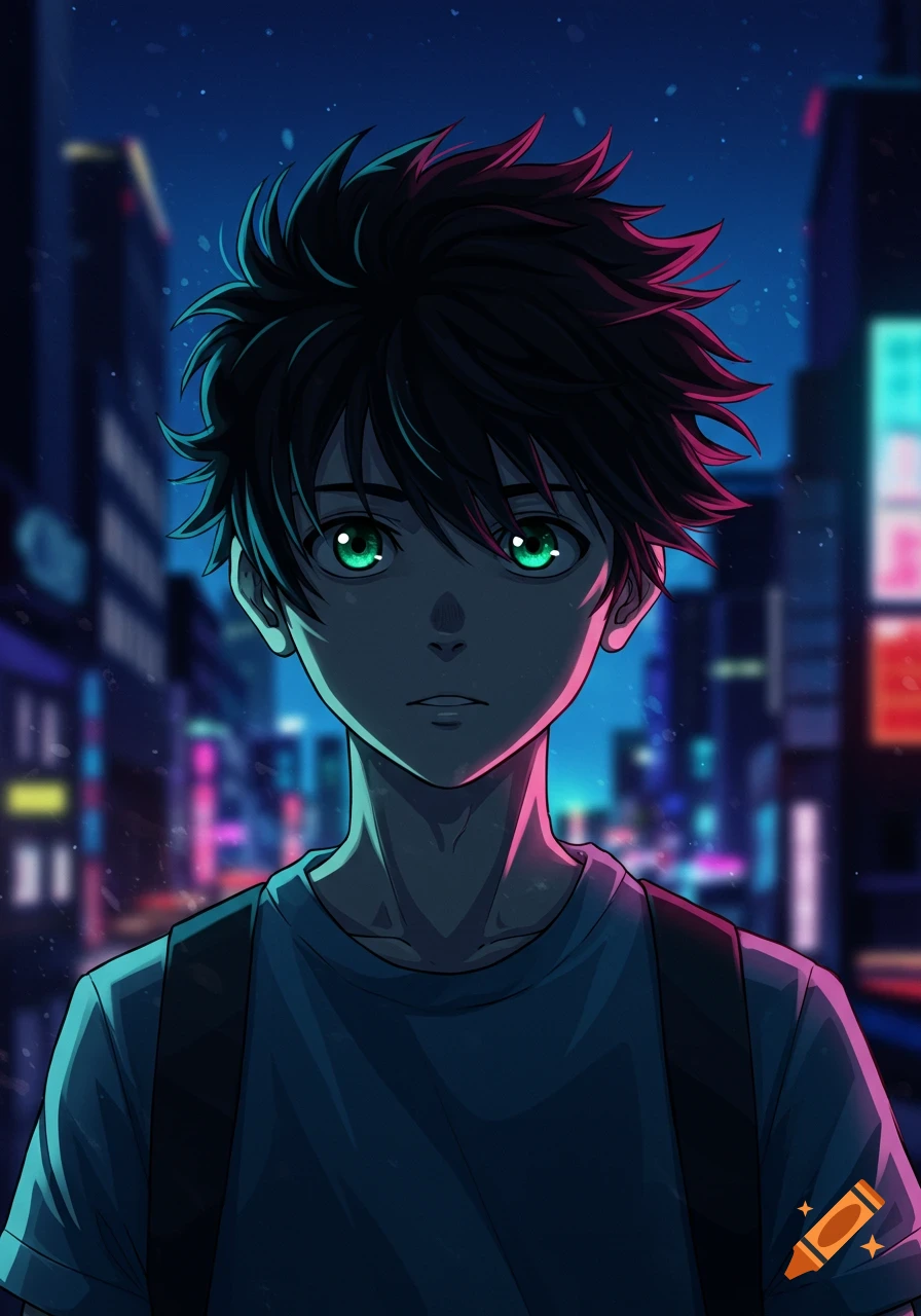 Anime portrait of a young man with green eyes and spiky black hair, standing in a dark city street with blurred neon lights.
