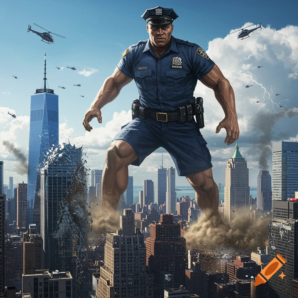 Giant muscular policeman wrecks buildings in a city, with helicopters flying in the stormy sky.