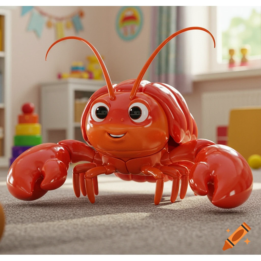 A shiny red plastic crawfish toy on a carpeted floor in a child's room, with toys in the blurry background. Photorealistic style.