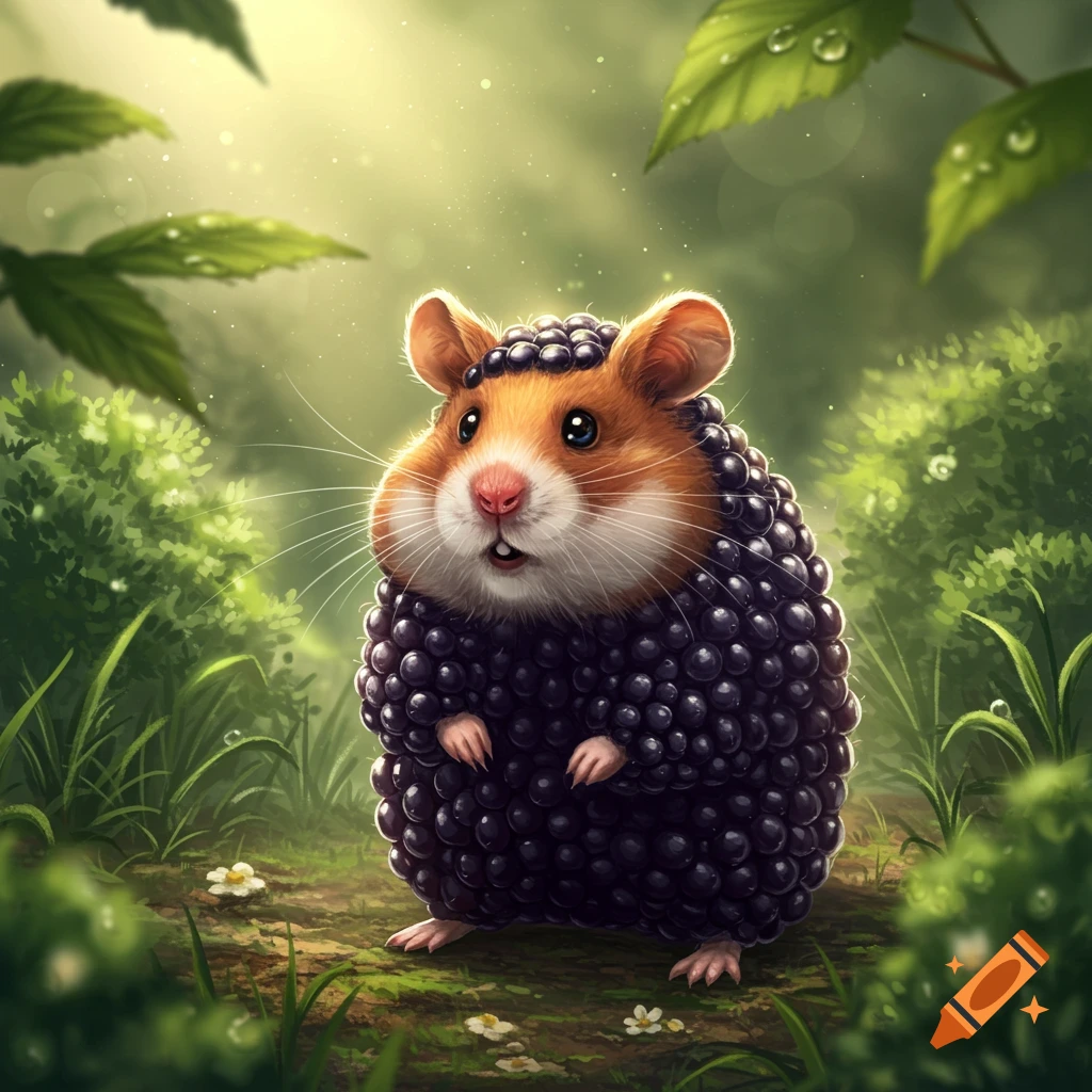 A cute, brown and white hamster with a blackberry body stands in a sunlit green forest.