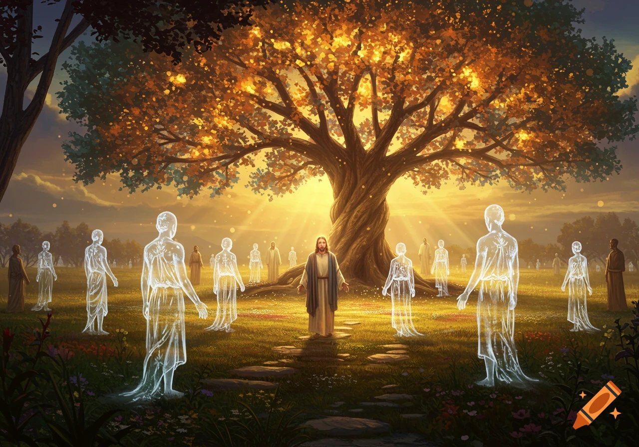 Jesus walks among luminous, transparent figures in a vibrant, radiant garden under a magnificent glowing tree at sunrise.