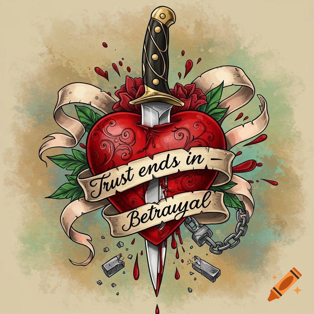A stylized tattoo-style illustration of a heart pierced by a dagger, with blood drops, roses, and ribbons inscribed with 'Trust ends in Betrayal'. Broken shackles and chains are at the bottom.