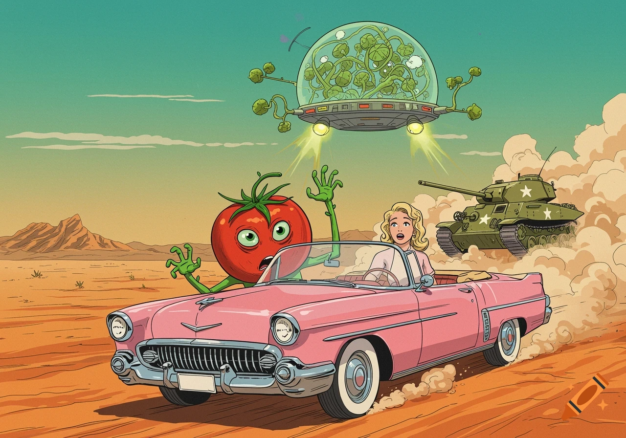 A blonde woman and an alien tomato in a pink convertible flee a desert pursuit by a military tank and a UFO, in a vintage 50s comic style.