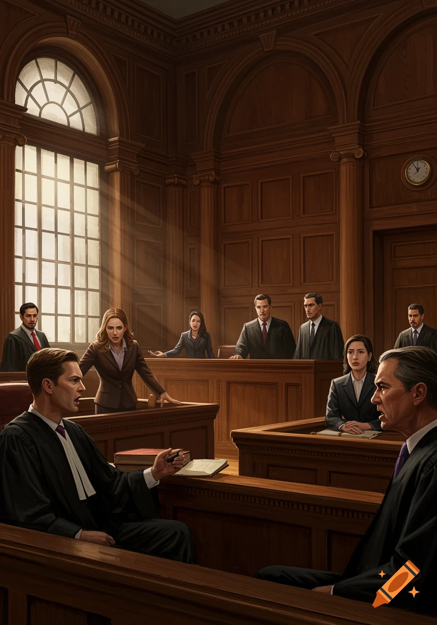 A dramatic shot of a busy courtroom with lawyers and judges. Sunlight streams through a large arched window.