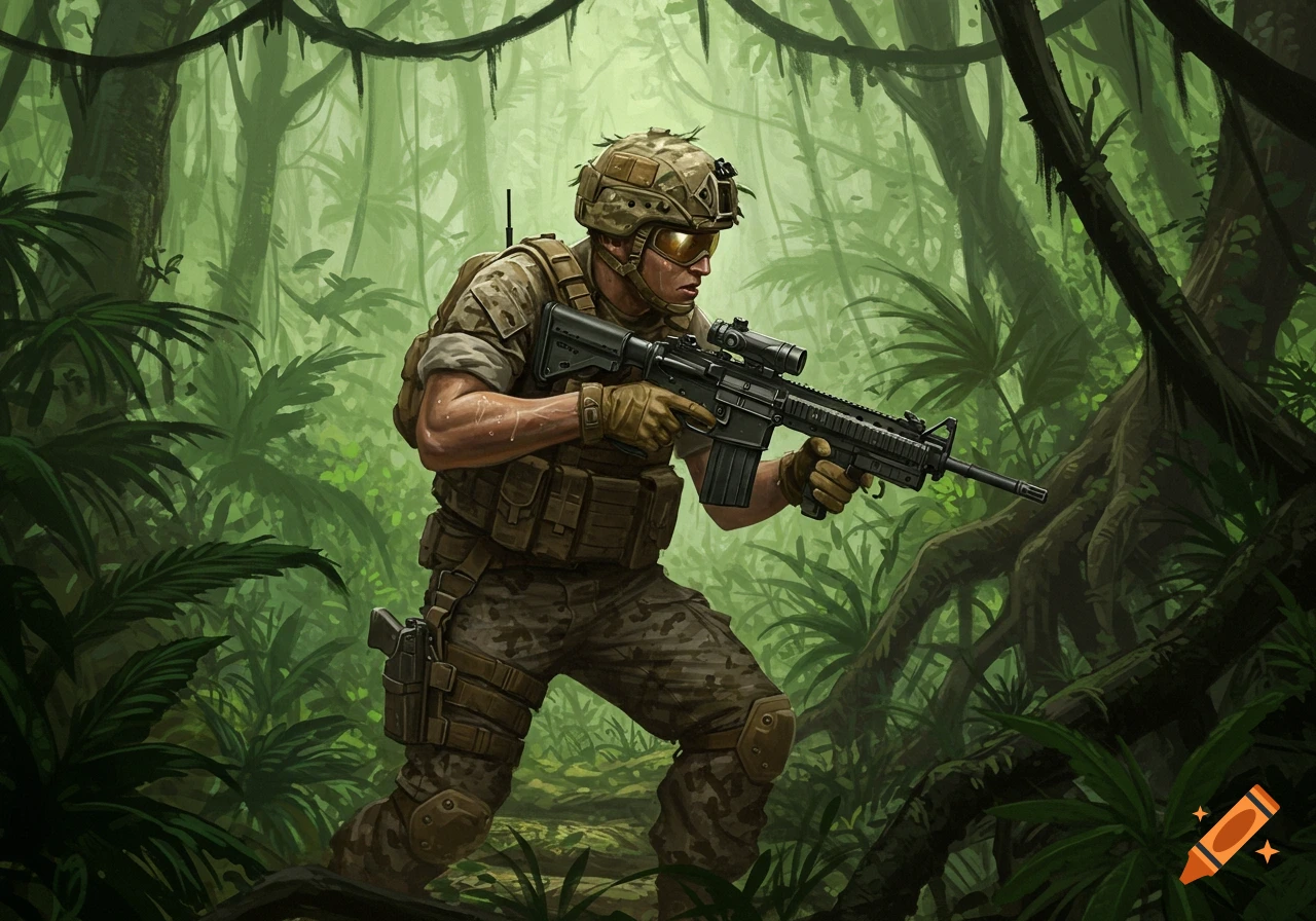 An illustrative image of a soldier in camouflage and tactical gear, holding a rifle, on patrol in a dense, steaming jungle.