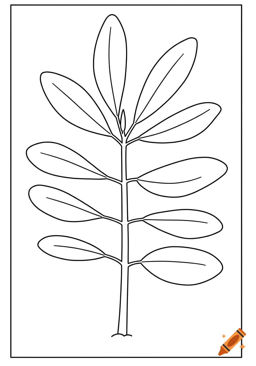Black and white line drawing of a plant stem with oval leaves, suitable for a coloring page.