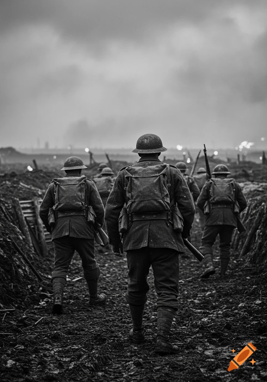 Black and white photorealistic image of WWI soldiers with helmets and rifles walking away into a muddy, smoky battlefield.
