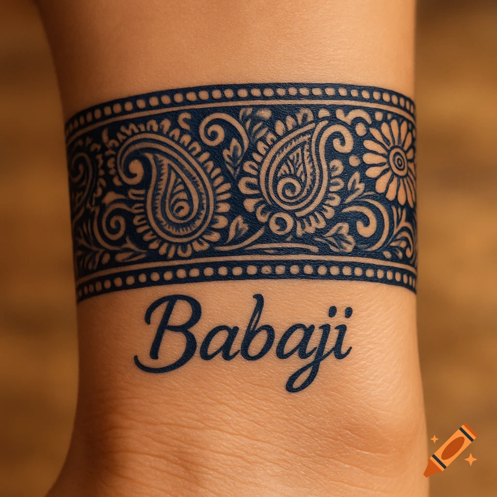 A photorealistic close-up of a wrist with a dark blue tattoo featuring a mehndi-inspired band of paisley and floral patterns, with the name 'Babaji' written below it in a script font.
