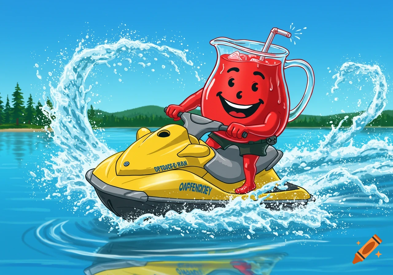 The Kool-Aid Man on a yellow jet ski splashes across a blue lake with trees in the background.