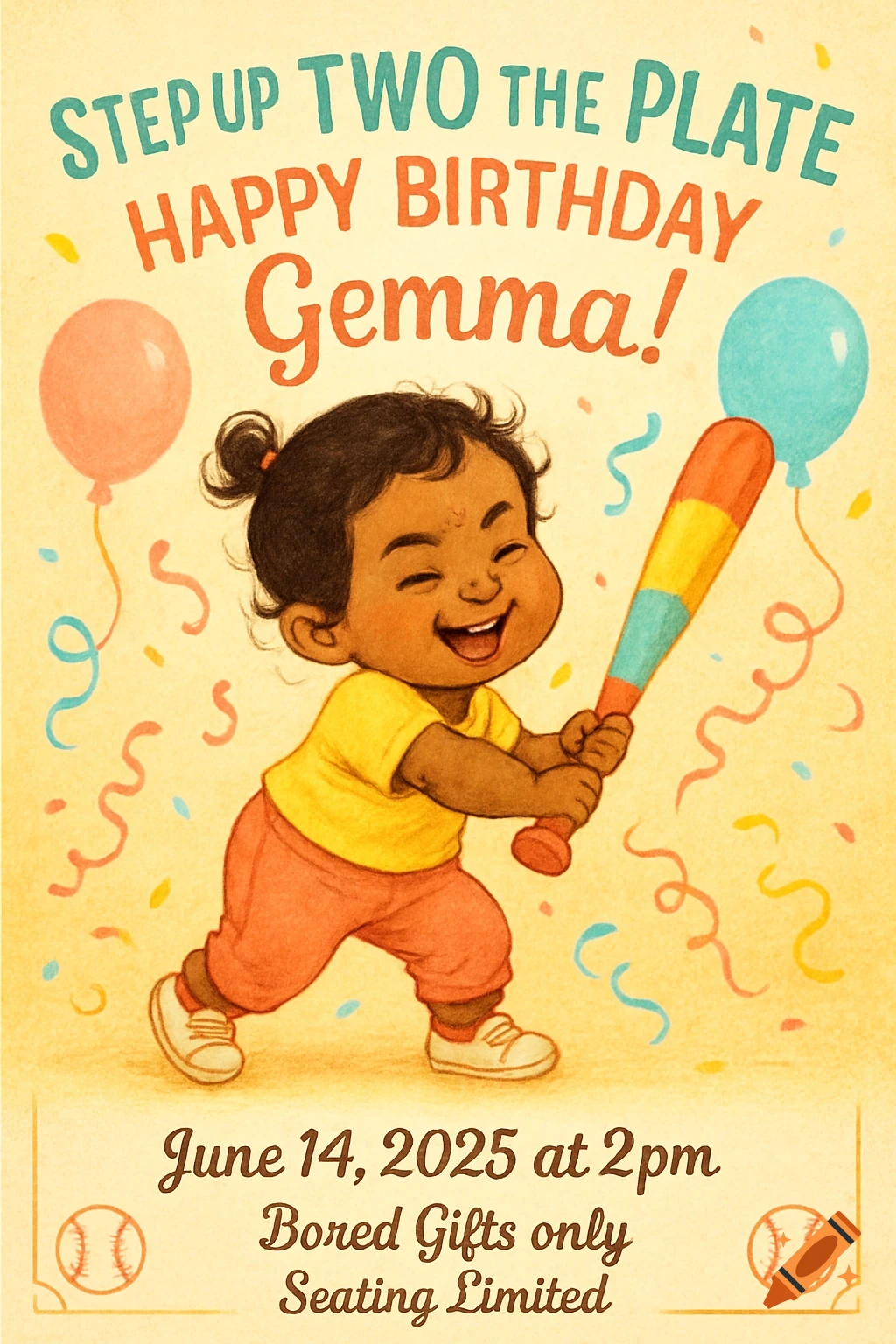 A cute cartoon baby girl holding a baseball bat on a birthday invitation, with text 'Happy Birthday Gemma!' and event details.