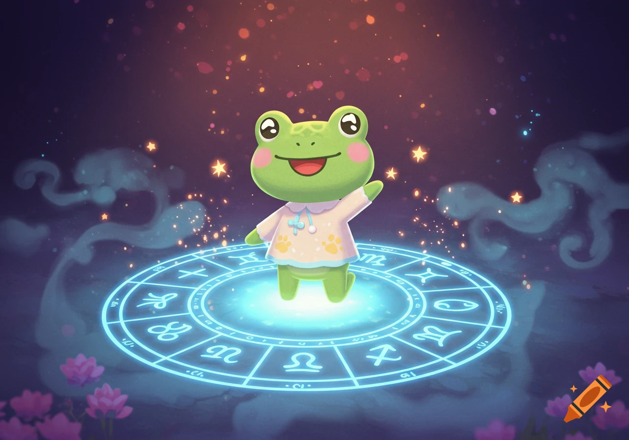 A cute, smiling frog wearing a shirt kneels on a glowing blue zodiac circle amidst stars and sparks, in a kawaii Animal Crossing-style.
