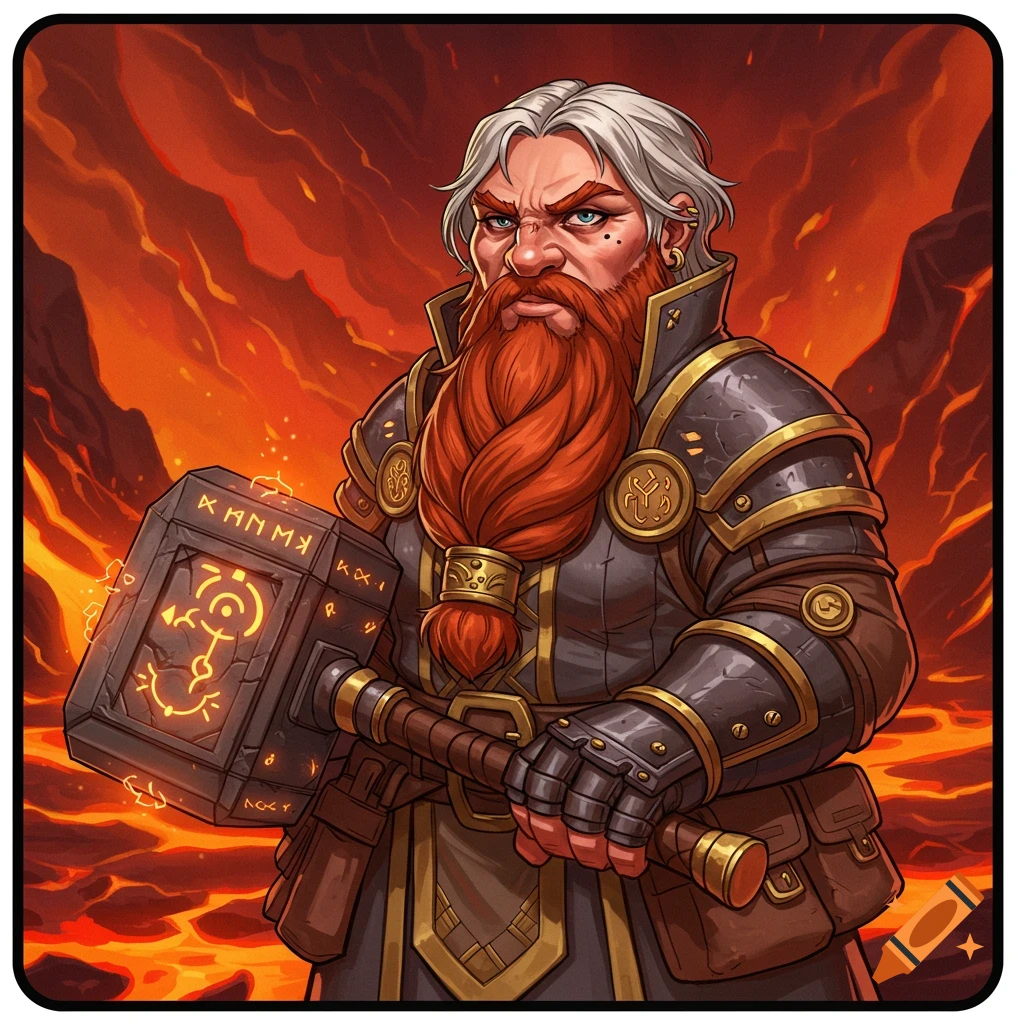 A tough-looking dwarf character with a long red braided beard and gray hair, wearing armor, holding a glowing magical warhammer, against a fiery, lava-like background in a stylized art style.