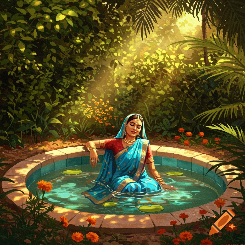 Painterly image of a woman in a blue sari sitting in a stone pool amidst a sunlit garden.