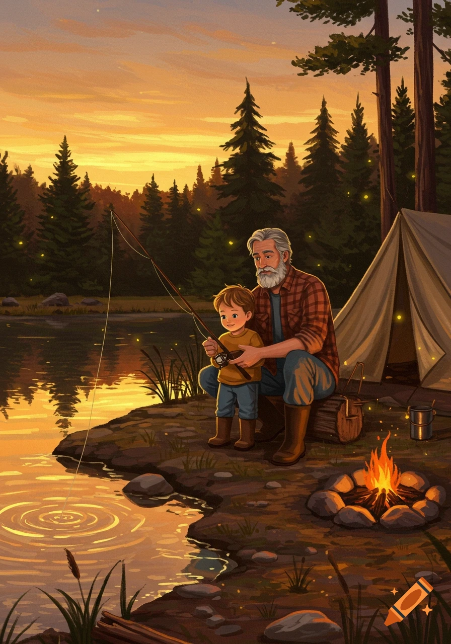 An older man and a young boy fishing at sunset by a lake with a campfire and tent nearby, in a forest setting.