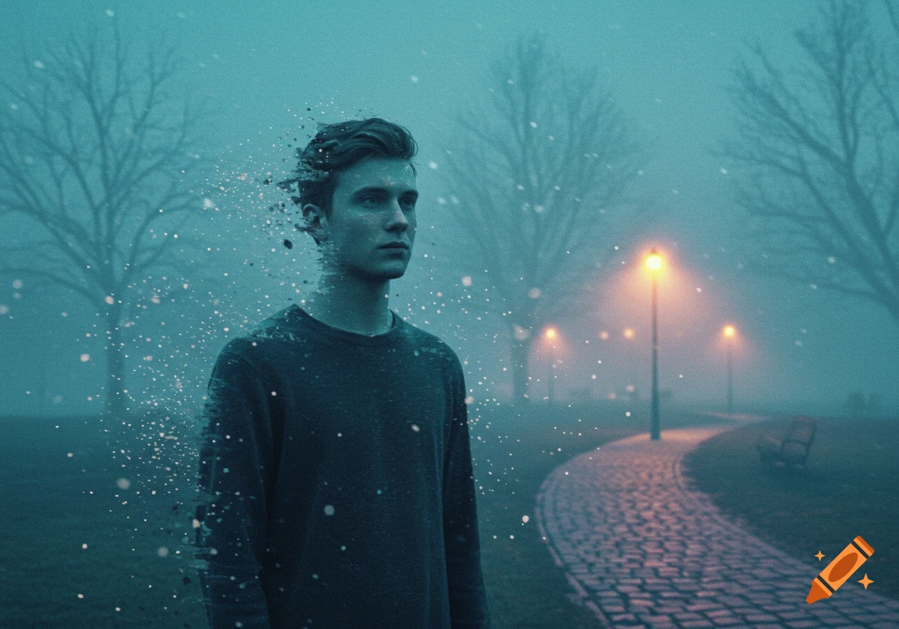 A man partially dissolving into particles stands in a misty park at dusk, with glowing streetlights along a winding path.