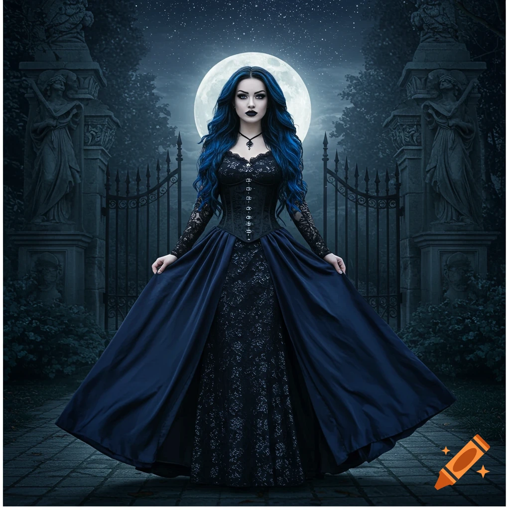 A goth girl with long blue hair in a black dress stands before a full moon and ornate gates at night.