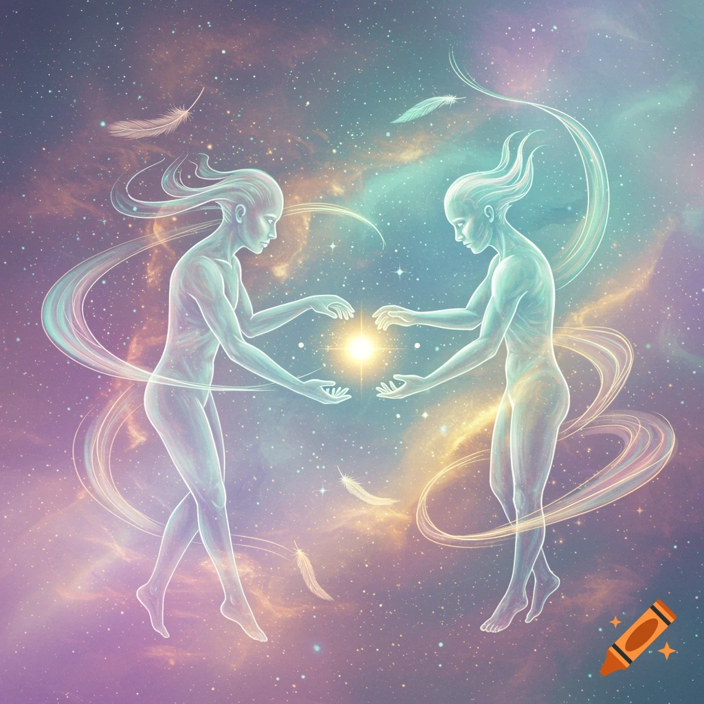 Two glowing, ethereal figures reach for a bright light in a cosmic nebula, with floating feathers.