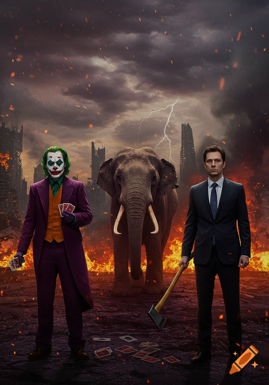 The Joker and Patrick Bateman stand on a fiery, apocalyptic landscape with an elephant behind them under a stormy sky with lightning. The Joker, on the left, wears a purple suit and holds playing cards. Patrick Bateman, on the right, wears a business suit and holds an axe.