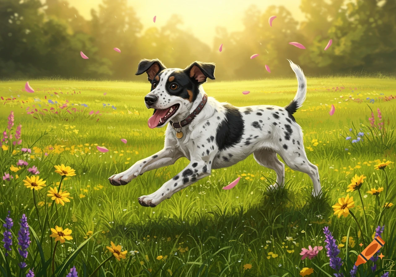 A happy black and white spotted dog runs through a vibrant green field filled with yellow and purple wildflowers, with pink petals floating in the air.