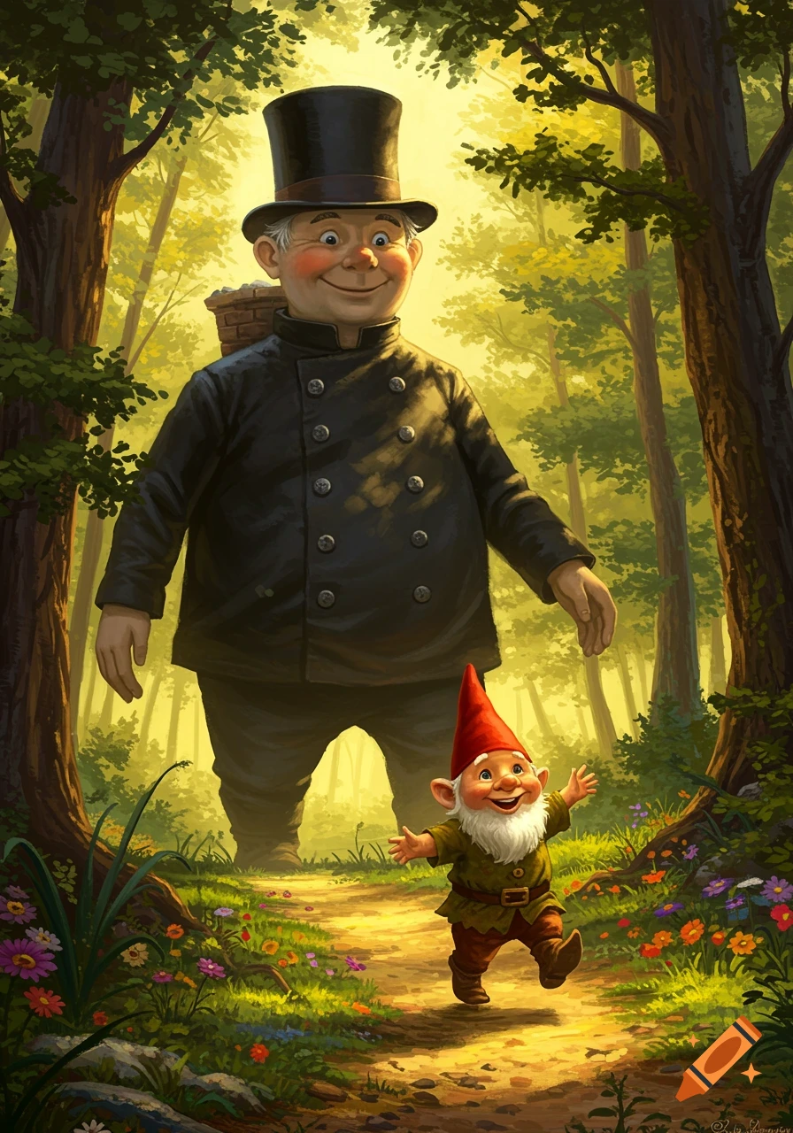 A cheerful gnome skips on a forest path, looking up at a colossal chimney sweep standing behind him. Illustrated fantasy scene.
