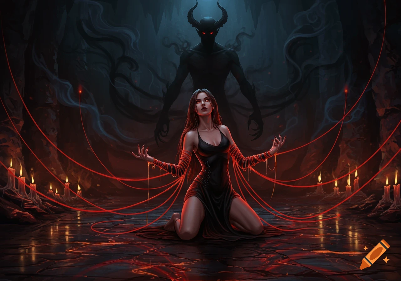 A woman in a black dress kneels with red strings on her arms before a shadowy demon in a dark, candlelit cavern.