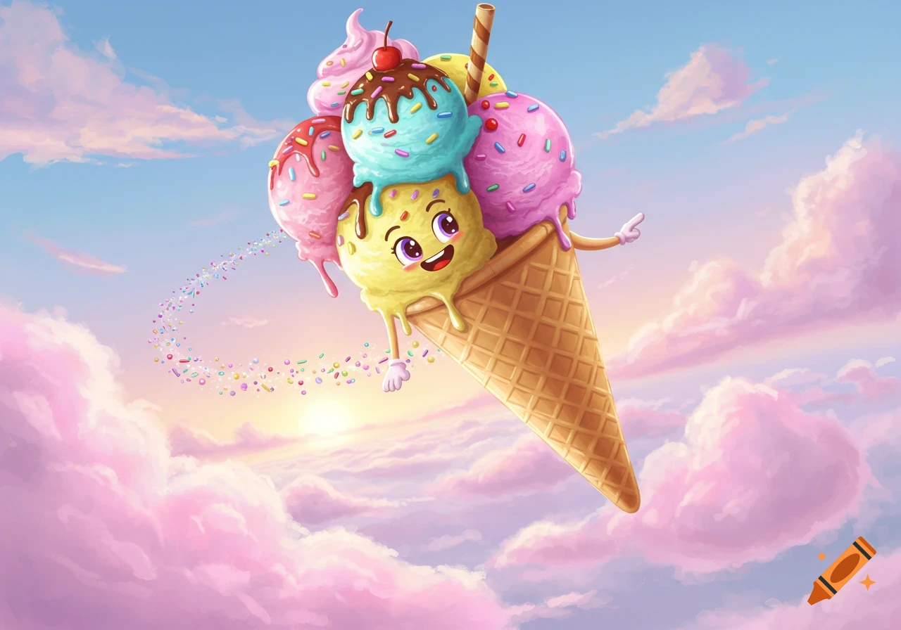 A cheerful, anthropomorphic ice cream cone with multiple scoops floats in a whimsical sky with pink clouds, trailing colorful sprinkles.