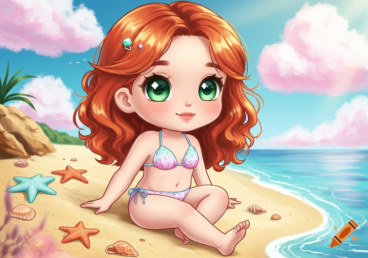A cute chibi redhead girl with big green eyes sits on a sandy beach by the ocean, wearing a bikini, with starfish and shells around her.